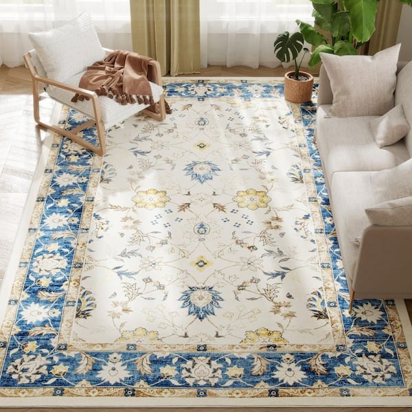 Navy Blue Bohemian Area Rug, Floral Medallion with Orange Accents