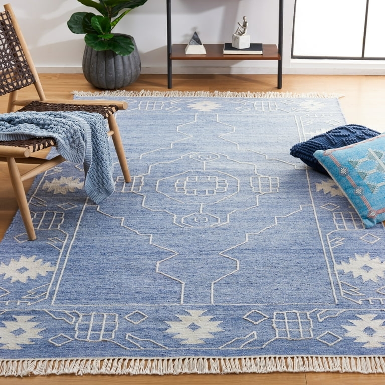 Navy Blue Geometric Kilim Area Rug with Stepped Diamond Geometry
