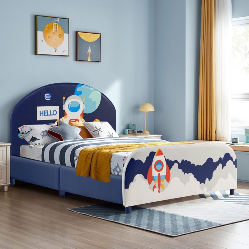 Navy Blue Kids Bed with Astronaut Pattern, Whimsical Bedroom Furniture