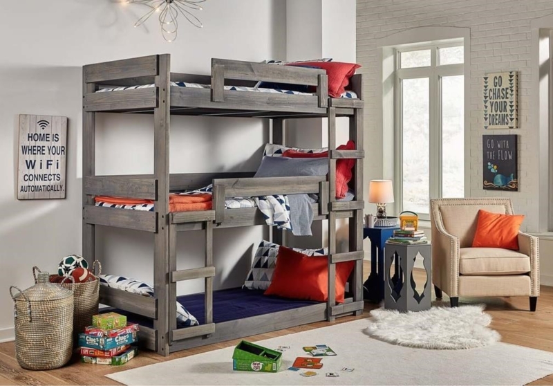 Navy Blue L-Shaped Triple Bunk Bed with Storage Stairs