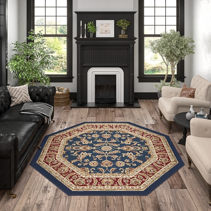 Navy Blue Octagonal Area Rug with Traditional Floral Border