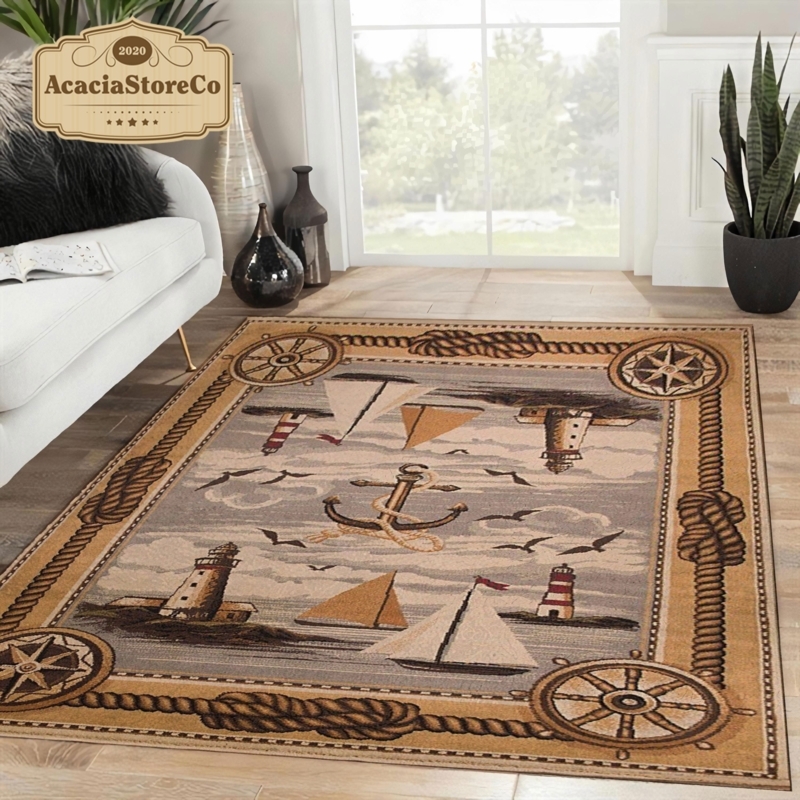 Navy Nautical Area Rug, Oversized Anchor and Sailboat Maritime Motif