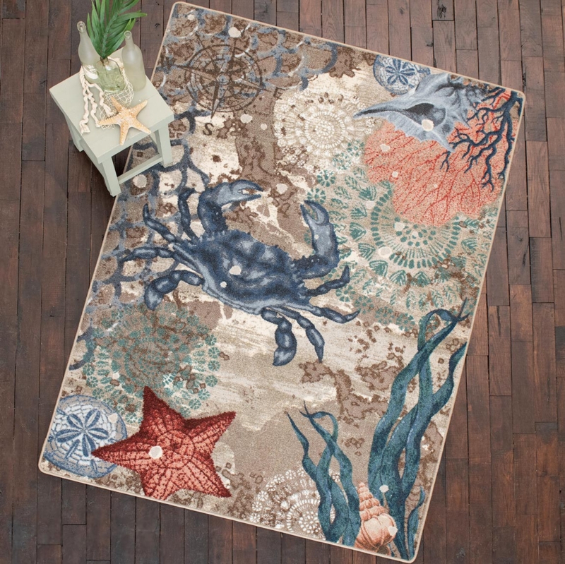 Navy Starfish Area Rug, Large Scale Shell Pattern, Beach House Decor