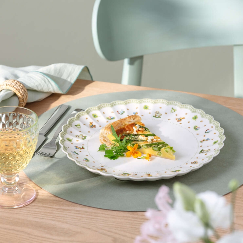 Nested Dinnerware Set Ceramic Blue Floral Rim Bunny Rustic