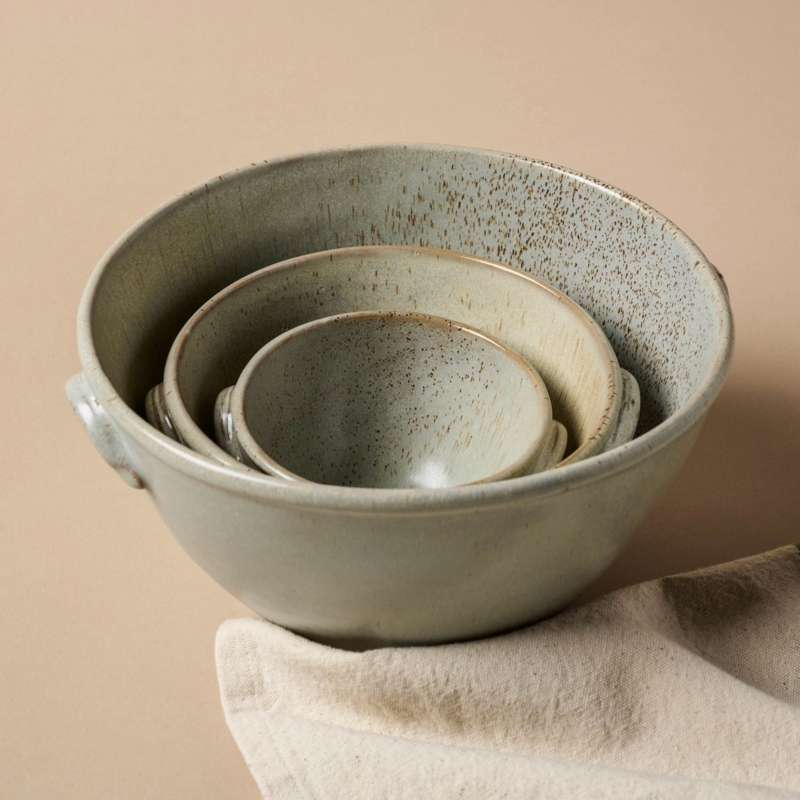 Nested Serving Bowl Set Pebbled Finish Stoneware Like Footless Base