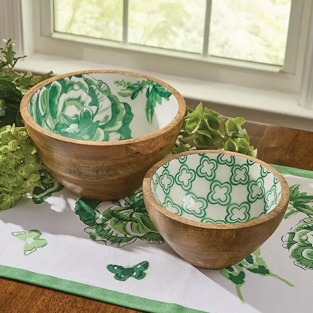 Nested Serving Bowls with Green Botanical Vine Pattern and Brown Rim