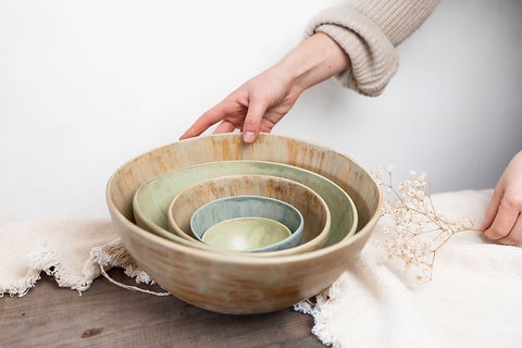 Nesting Bowl Set, 6-Piece Rainbow Ceramic, Space-Saving Kitchen Storage