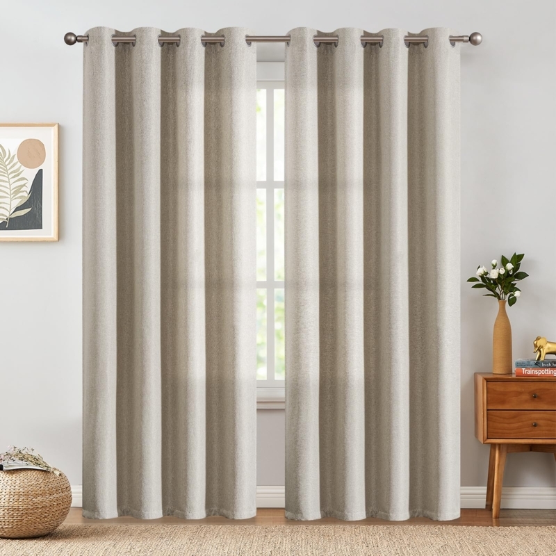 Neutral Beige Linen Look Curtain Panel with Metal Grommets