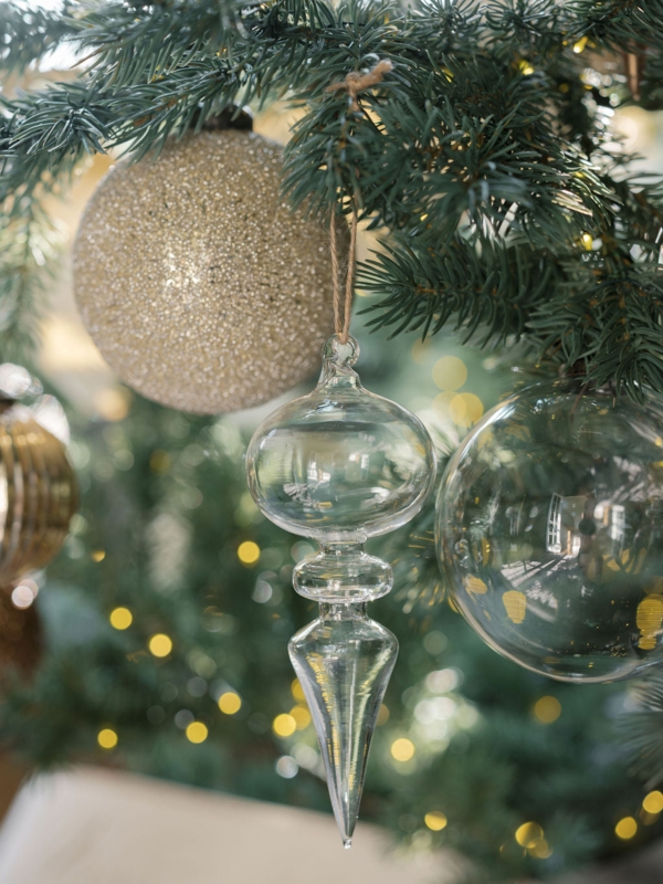 Neutral Glass Finial Ornaments Featuring Intricate Etched Scrollwork