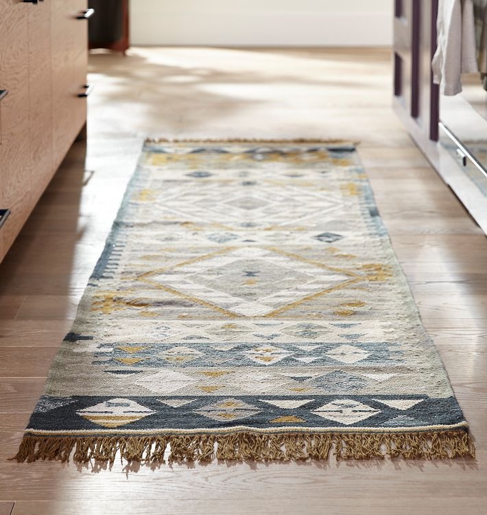 Neutral Gray Kilim Runner Rug, Geometric Tribal Pattern for Hallway