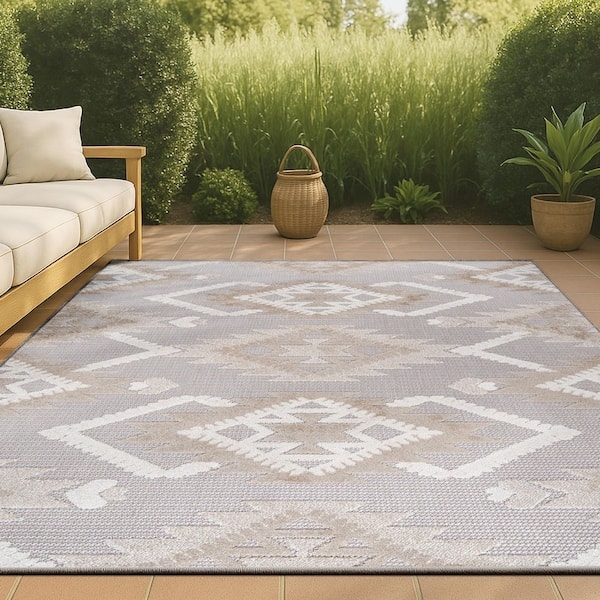 Neutral High-Low Pile Kilim Area Rug with Diamond Motif for Patio