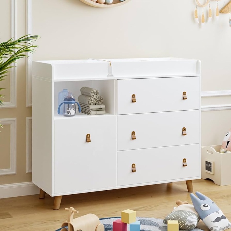 Nursery Dresser with Changing Table Topper Silver Pulls Modern Storage