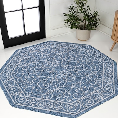 Octagonal Area Rug Ivory Traditional Blue Medallion Ornate Oriental