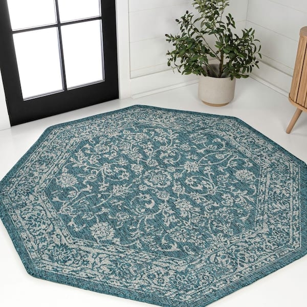 Octagonal Bohemian Outdoor Rug in Teal Floral Textured Weave