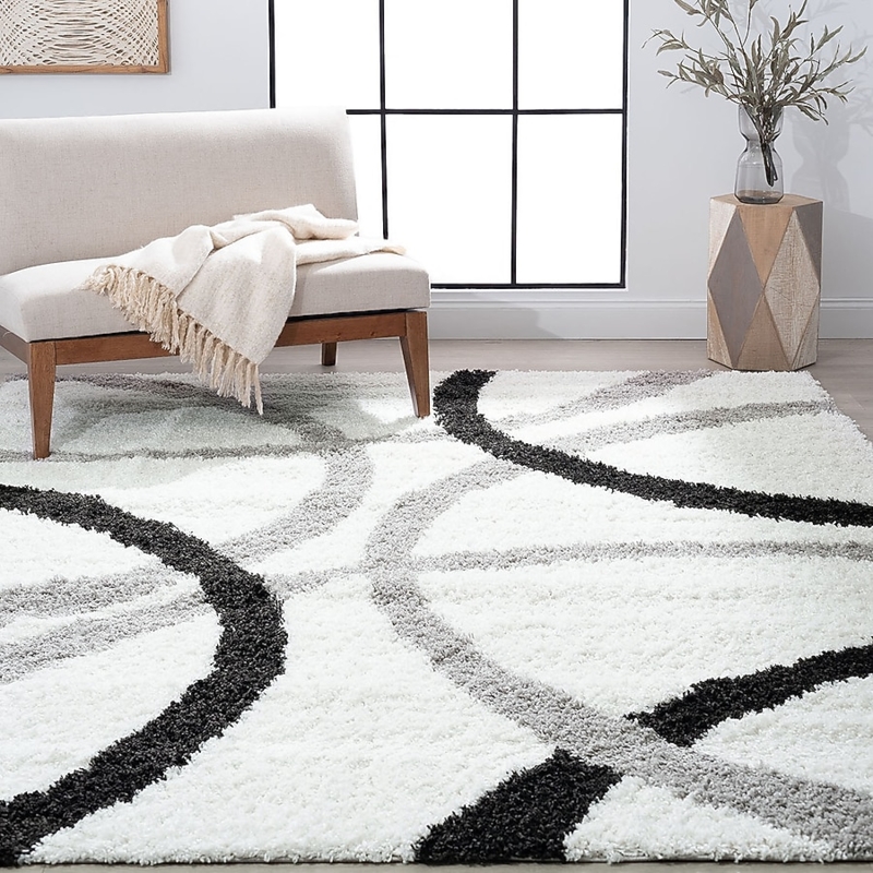 Off-White Shag Rug Black Diamond Lattice Pattern Mid-Century Modern