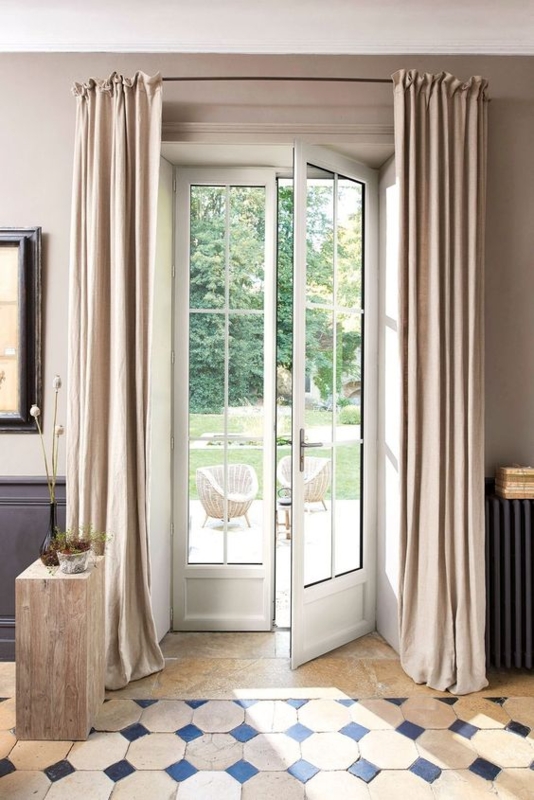 Ogee Pattern Curtains Beige Geometric Black Hardware Transitional