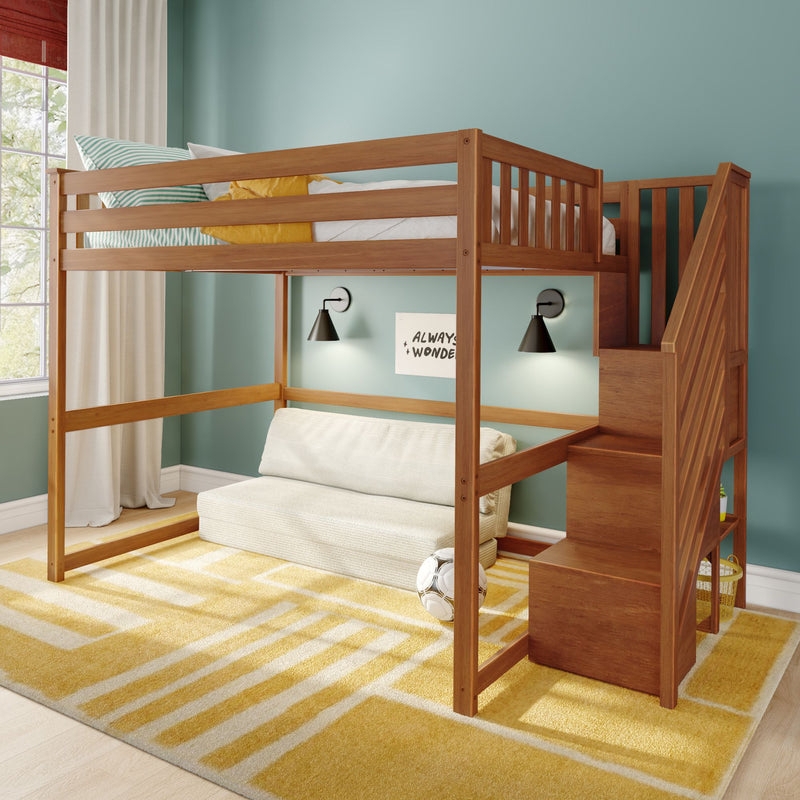 Open Underbed White Loft Bed with Stairs, Full Size Frame