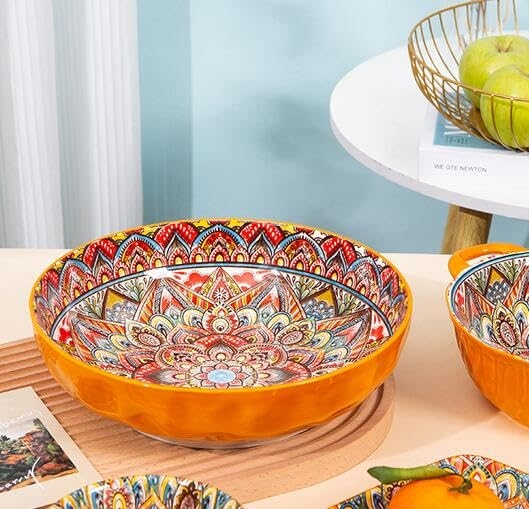 Orange Ceramic Serving Bowl with Shallow Ribbed Surface