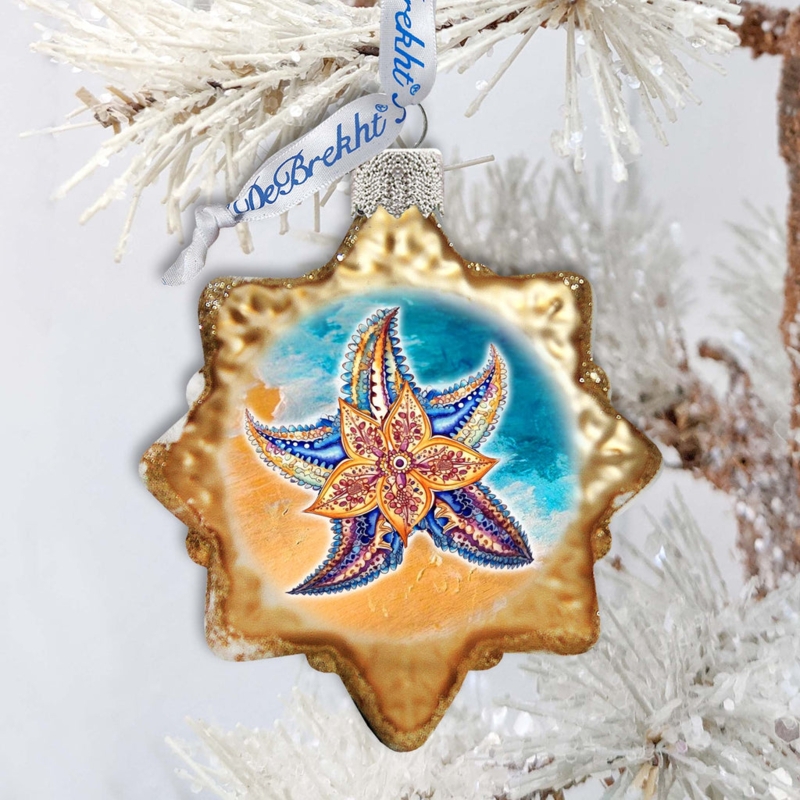 Ornament: Glossy Glass Starfish Shape with Mosaic Design and Gold Trim
