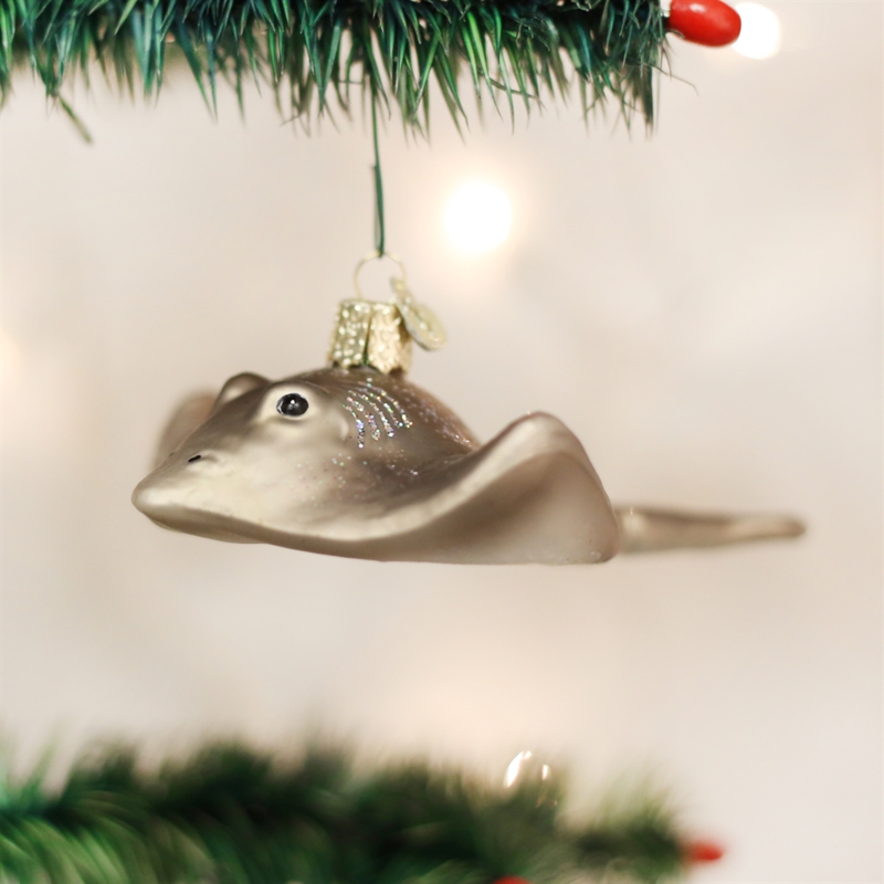 Ornament: Glossy Glass Stingray Shape with Spotted Pattern in Turquoise