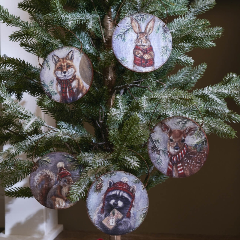 Ornament Set: Folk Art Animal Wood Blocks, Natural Jute Twine Hangers
