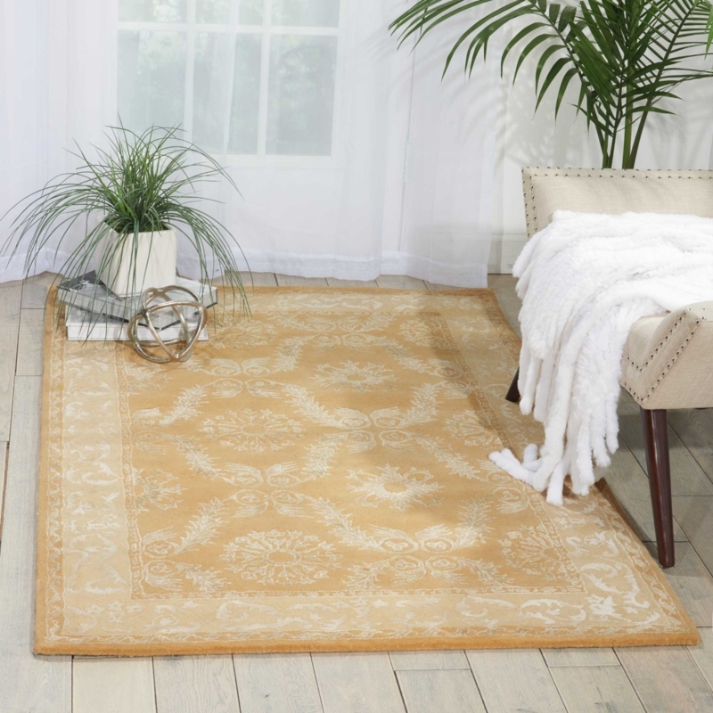 Ornate Area Rug Gold Amber Floral Damask Traditional Scrollwork