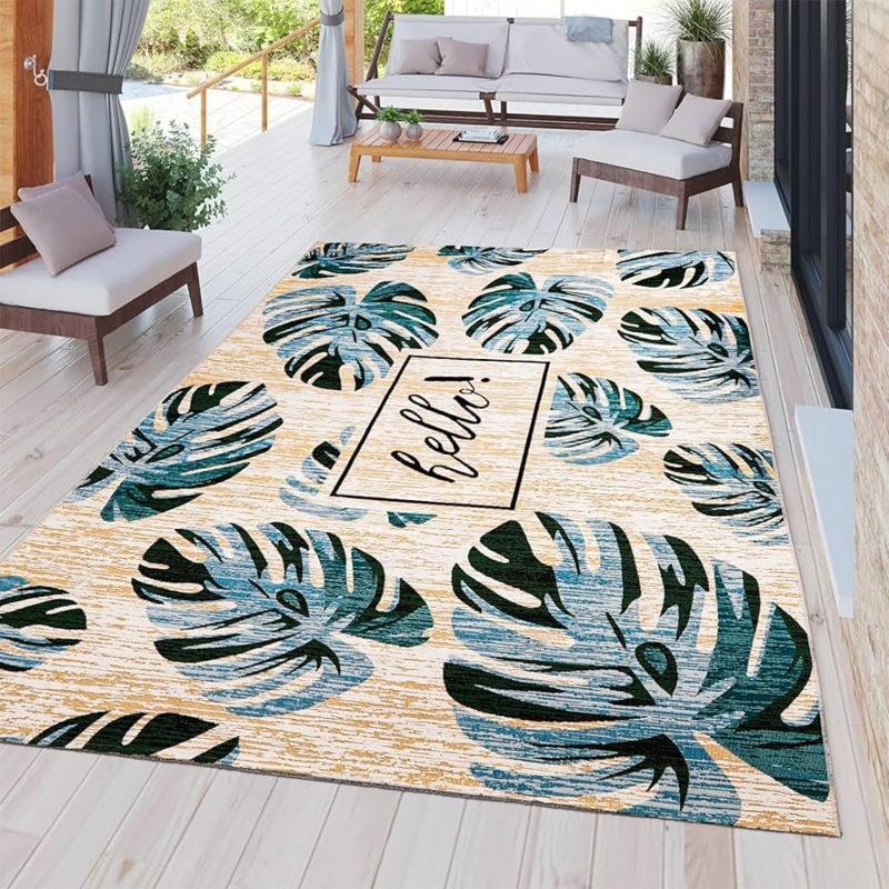 Outdoor Area Rug: Modern Geometric Trellis Pattern, Waterproof, Teal.