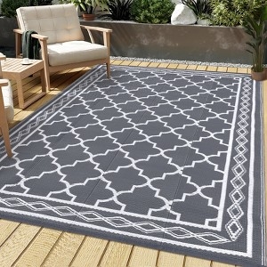Outdoor Rug Black White Tribal Geometric Woven Plastic Straw Mat