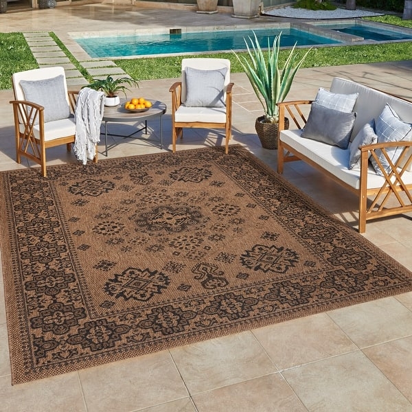 Outdoor Rug Gray Flatwoven with Concentric Border for Patio