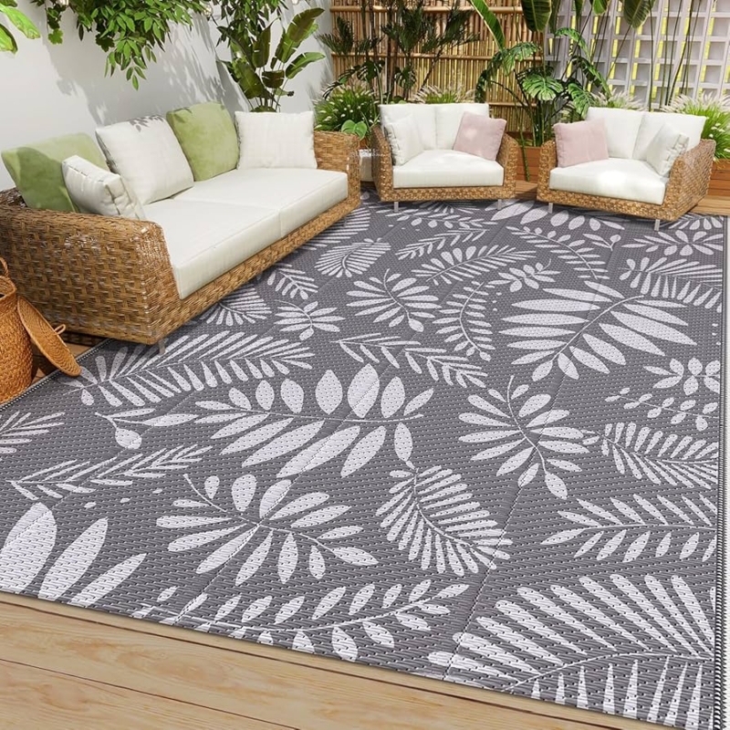 Outdoor Rug Reversible Geometric Waterproof Gray White Patio Mat