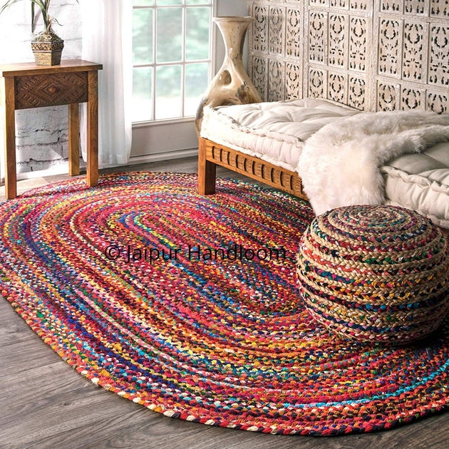 Oval Area Rug Braided Chindi Colorful Bohemian Floor Mat