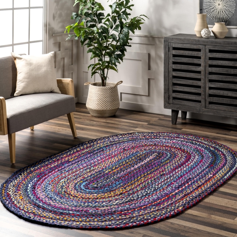 Oval Area Rug Hand Braided Vivid Rag Rug Bohemian Style