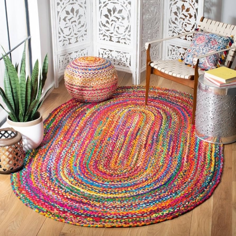 Oval Area Rug Red Blue Cream Braided Texture Vibrant Boho