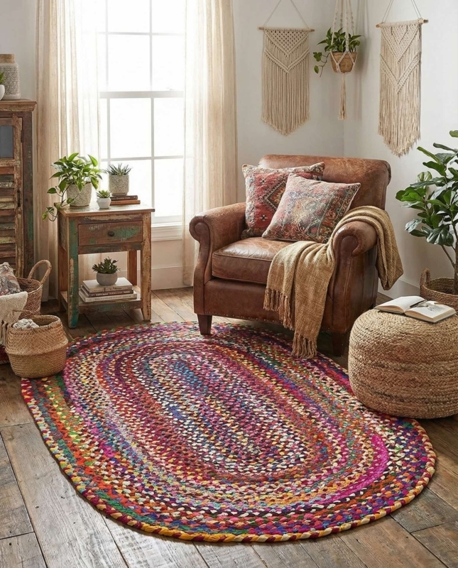 Oval Braided Area Rug Chindi Multicolor Variegated Boho