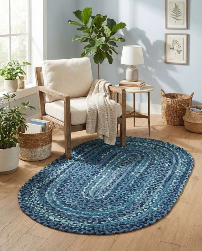 Oval Chindi Area Rug Braided Blue Navy White Coastal Boho