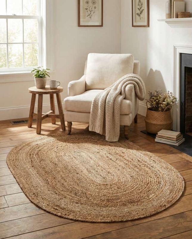 Oval Jute Area Rug Braided Natural Tan Coastal Rustic