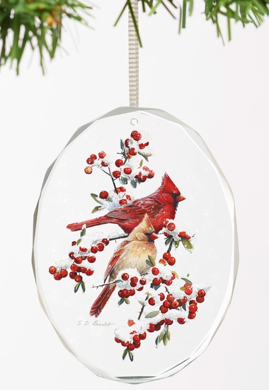 Oval Nature Themed Bauble, Glossy Glass Ornament with Painted Cardinal