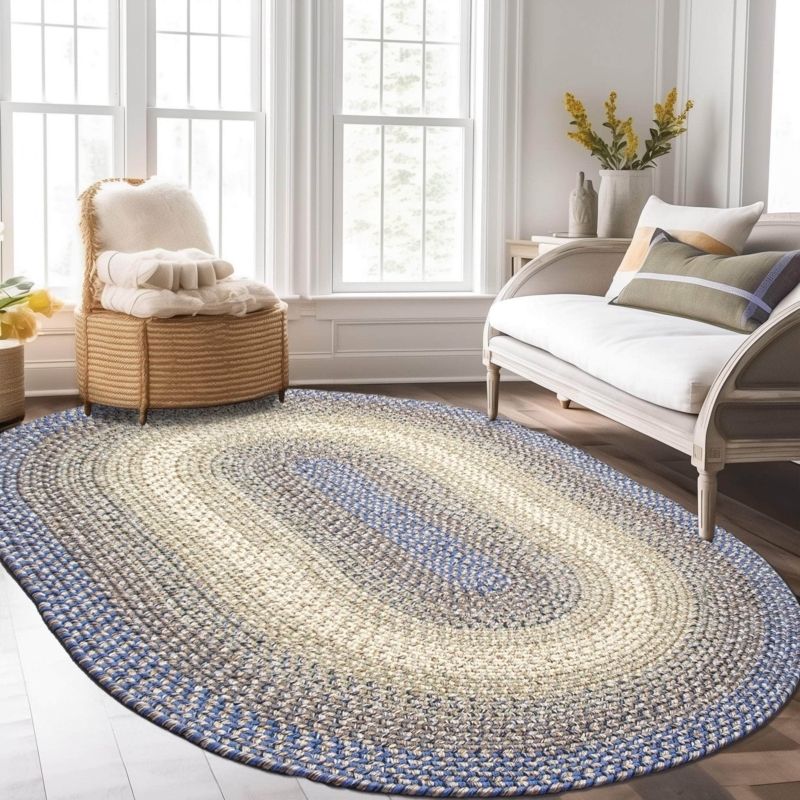 Oval Traditional Area Rug Braided Blue Navy Tan Farmhouse