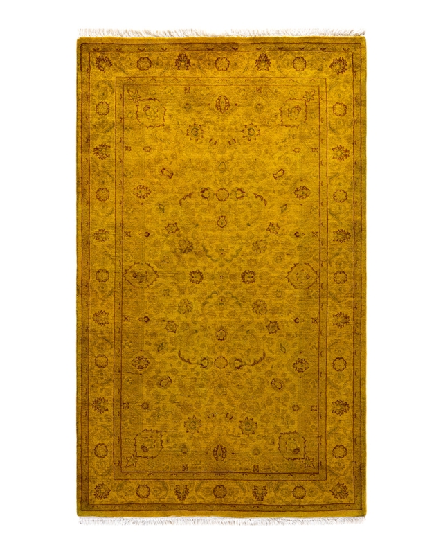 Overdyed Area Rug Mustard Yellow Distressed Oriental Hand Knotted