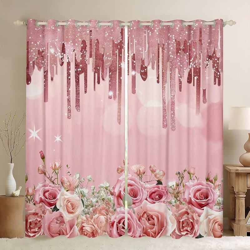 Oversized Floral Print Window Curtains Star Accents Grommet Blackout