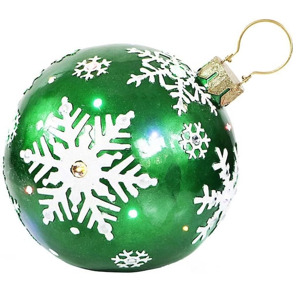 Oversized Green Ball Ornament with LED Lights and Jeweled Snowflake Design