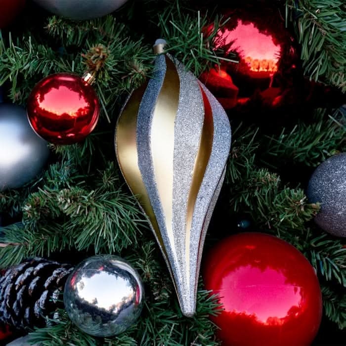 Oversized Spiral Finial Ornaments on Outdoor Commercial Holiday Tree