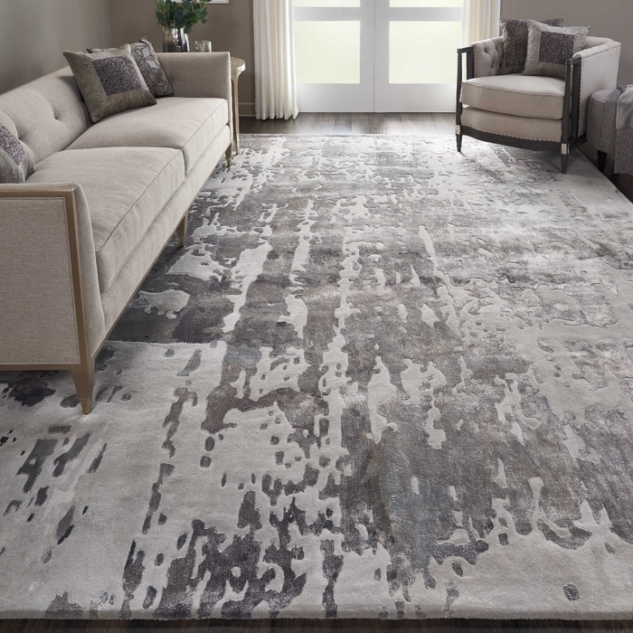 Painterly Area Rug with Silver Sheen, Abstract Watercolor.
