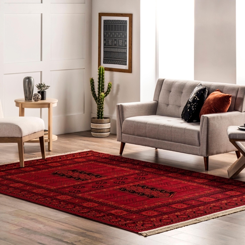 Paneled Floral Area Rug Fringe Border Brick Red