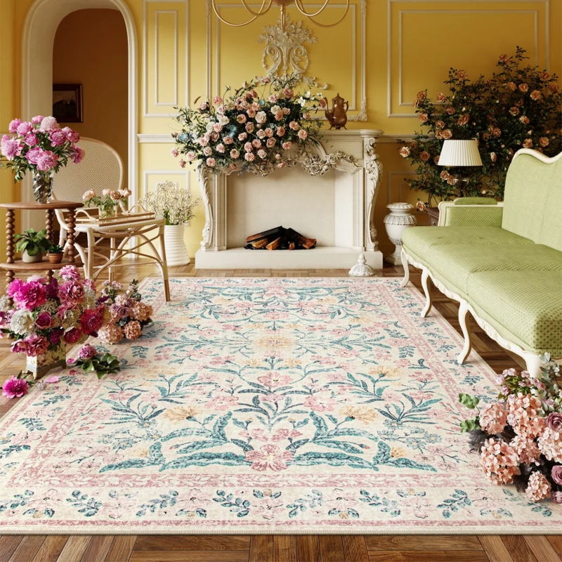 Parisian Garden Floral Area Rug French Vintage Style