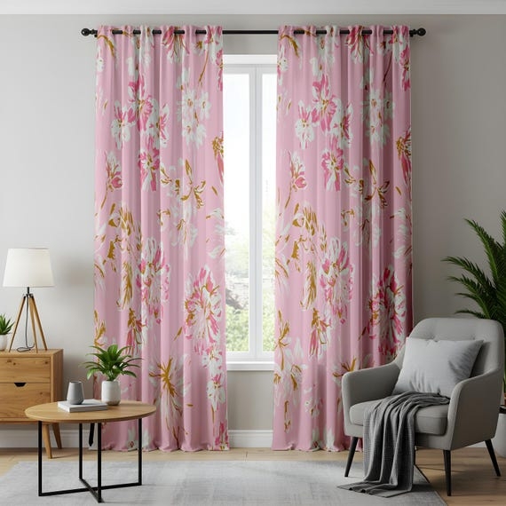 Pastel Botanical Print Curtains Linen-Like Large-Scale Floral Airy Drapes