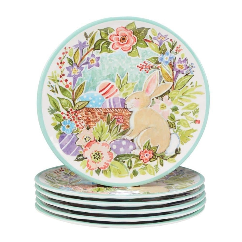 Pastel Salad Plates Set of 6 Ceramic Spring Floral Bunny Motif
