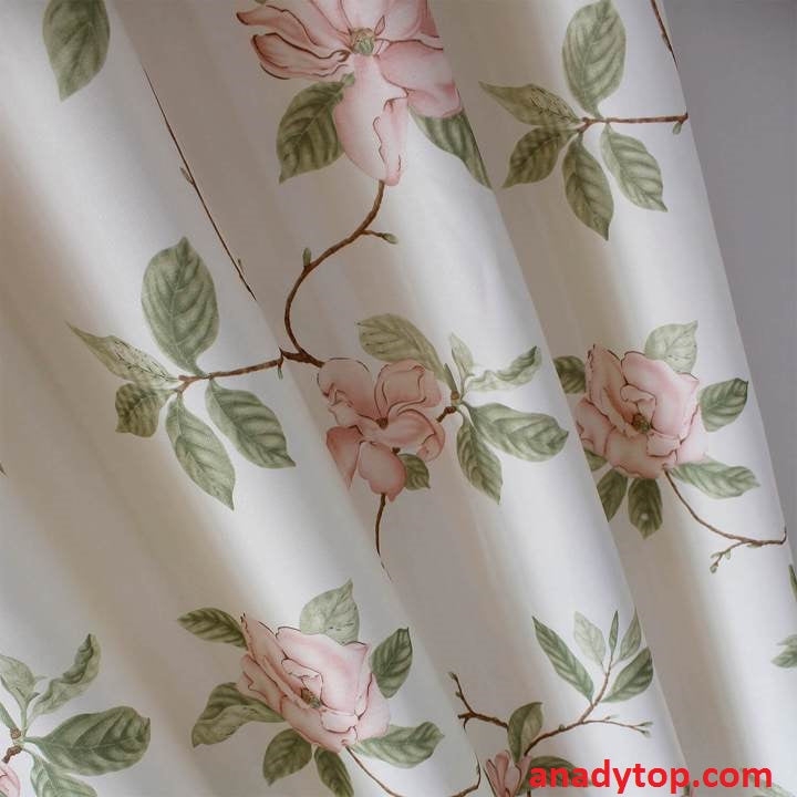 Peach Bloom Print Curtains Beige Grommet Top Linen-Like Romantic Bedroom Drapes