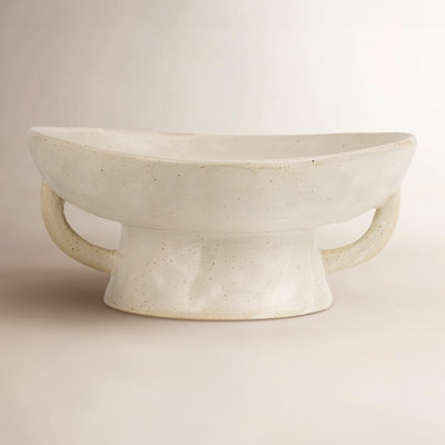 Pedestal Serving Bowl Loop Handles Matte Cream Stoneware
