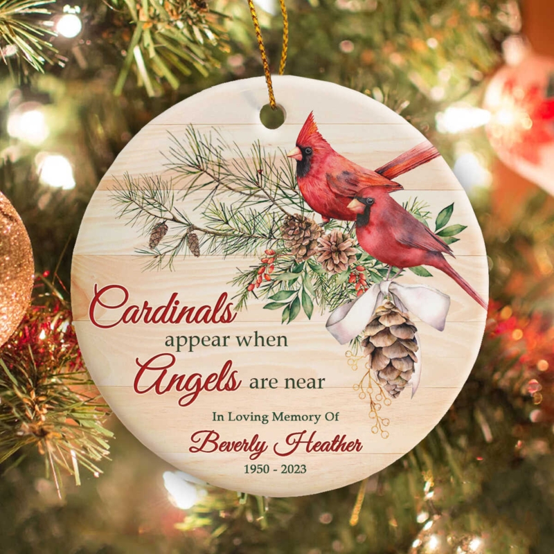 Personalized Ceramic Memorial Ornament, Glossy Round Disc with Cardinal